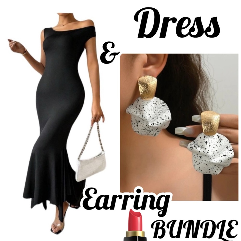 Black Mermaid Style Peplum Dress & Earrings Bundle Deal